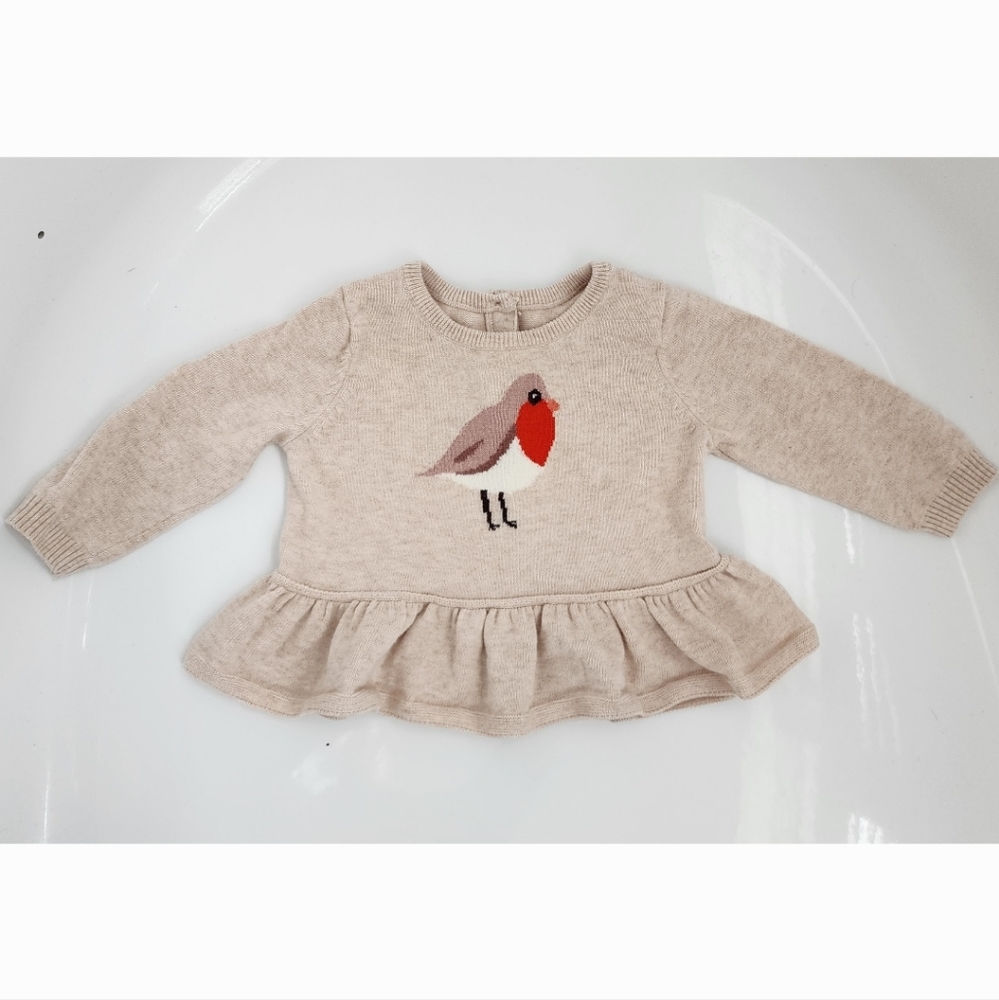 BabyGap tan sweater w bird on front and ruffle bottom - size 3-6 months